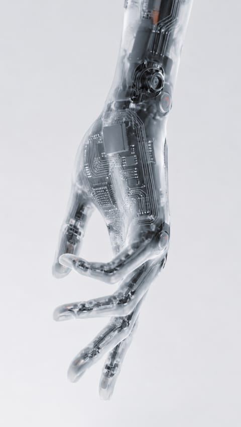 Robotic hand with a translucent skin.
