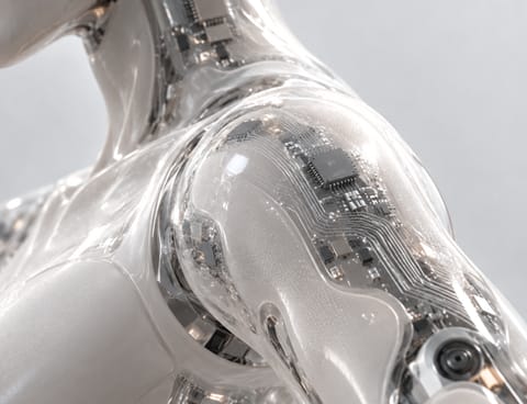 Humanoid robot shoulder covered by a translucent skin layer.