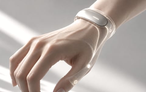 Hand wearing a slim translucent wristband.
