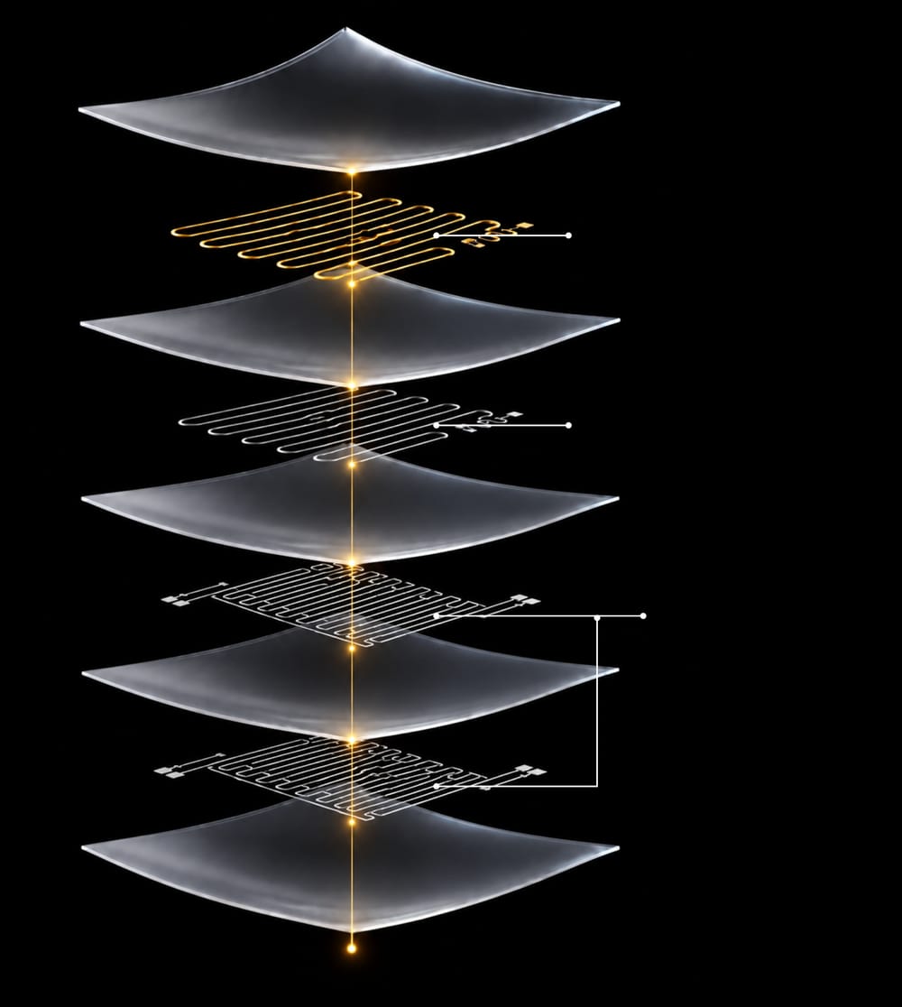 Exploded view of the stacked layers: active heating, temperature and pressure.